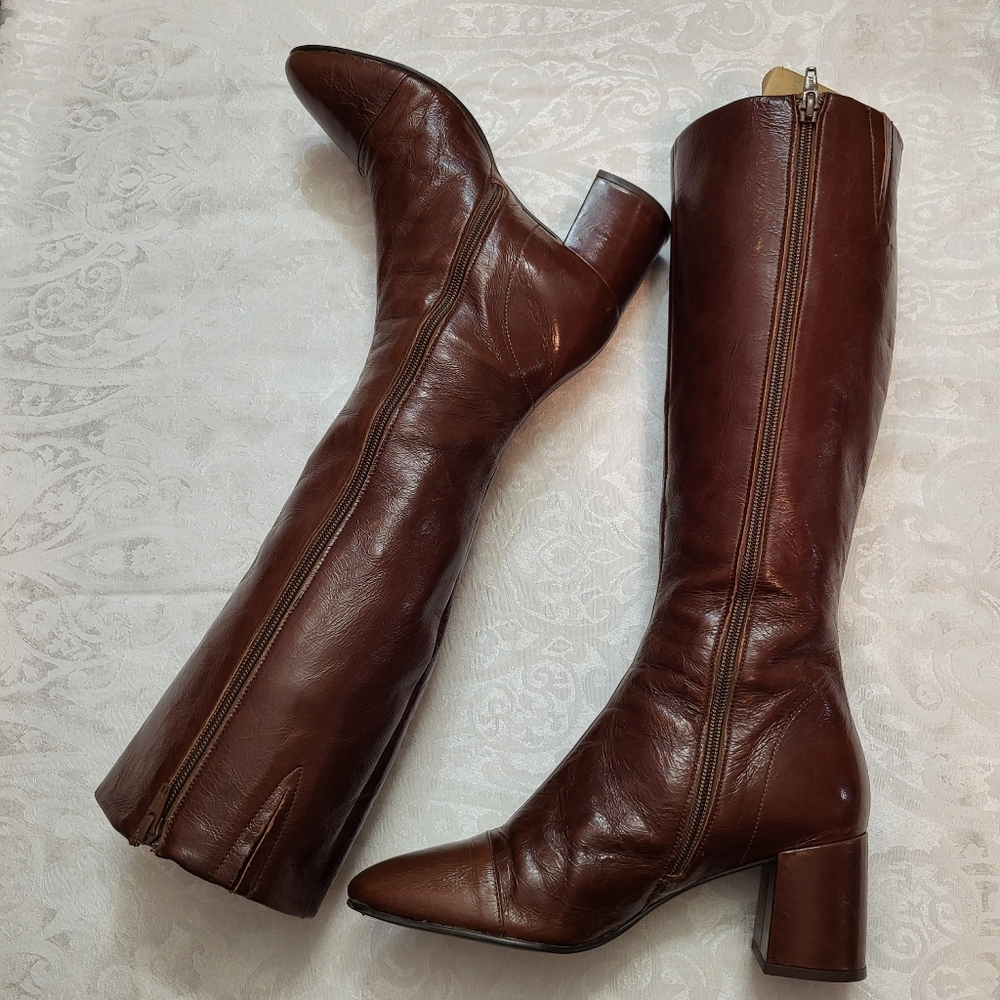 Women's Tall Brown Leather Heeled Boots - Picture 13 of 16